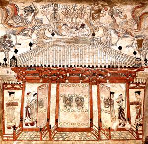 山西忻州九原岗北朝晚期的墓室壁画《门楼图》