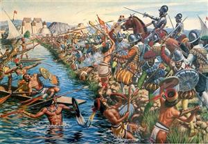 中美洲地区的阿兹特克武士在特斯科科湖上抗击入侵的西班牙人